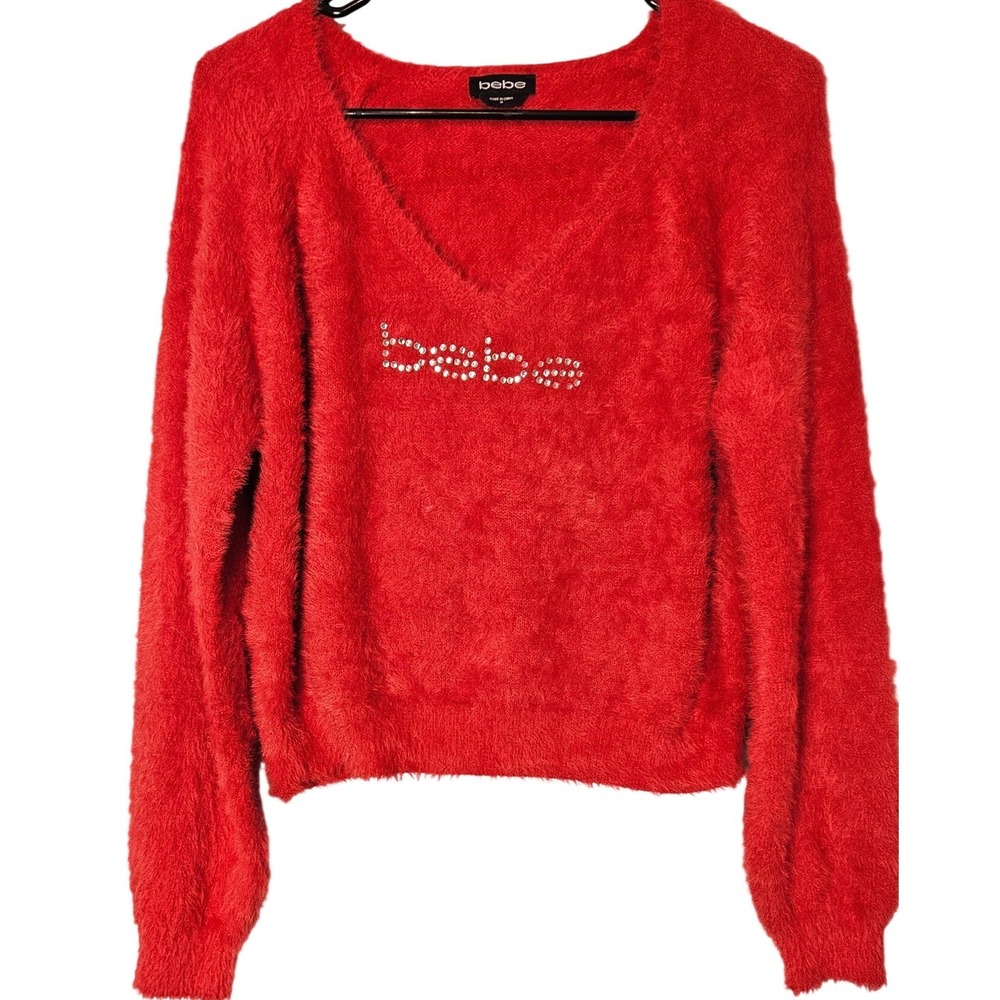 Bebe Womens Red Eyelash Knit V-Neck Rhinestone Logo Fuzzy Sweater Size M Bling